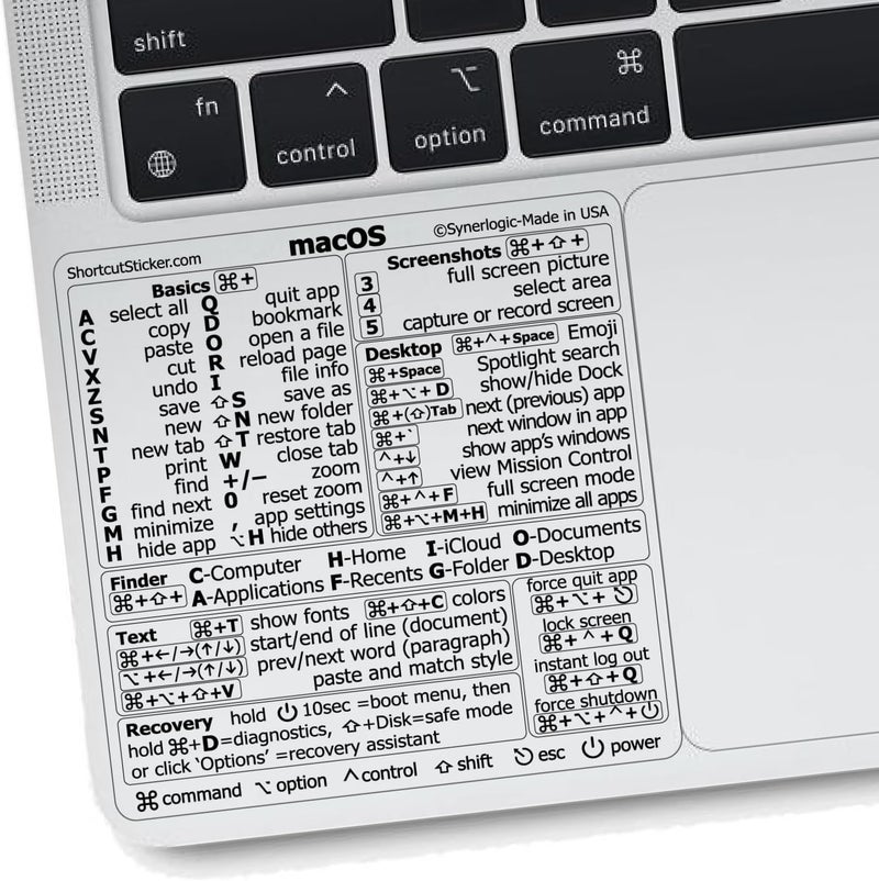 Synerlogic Mac OS Shortcuts Sticker | Keyboard Stickers for macOS | Laminated Vinyl MacBook Cheatsheet for Laptop | MacBook Shortcuts 2025 (Clear/Black) - Image 1